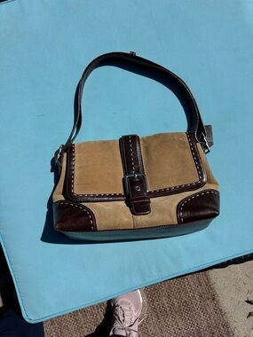 Coach Tan Suede Shoulder Bag with Dark Brown Leather Trim. Authentic Coach